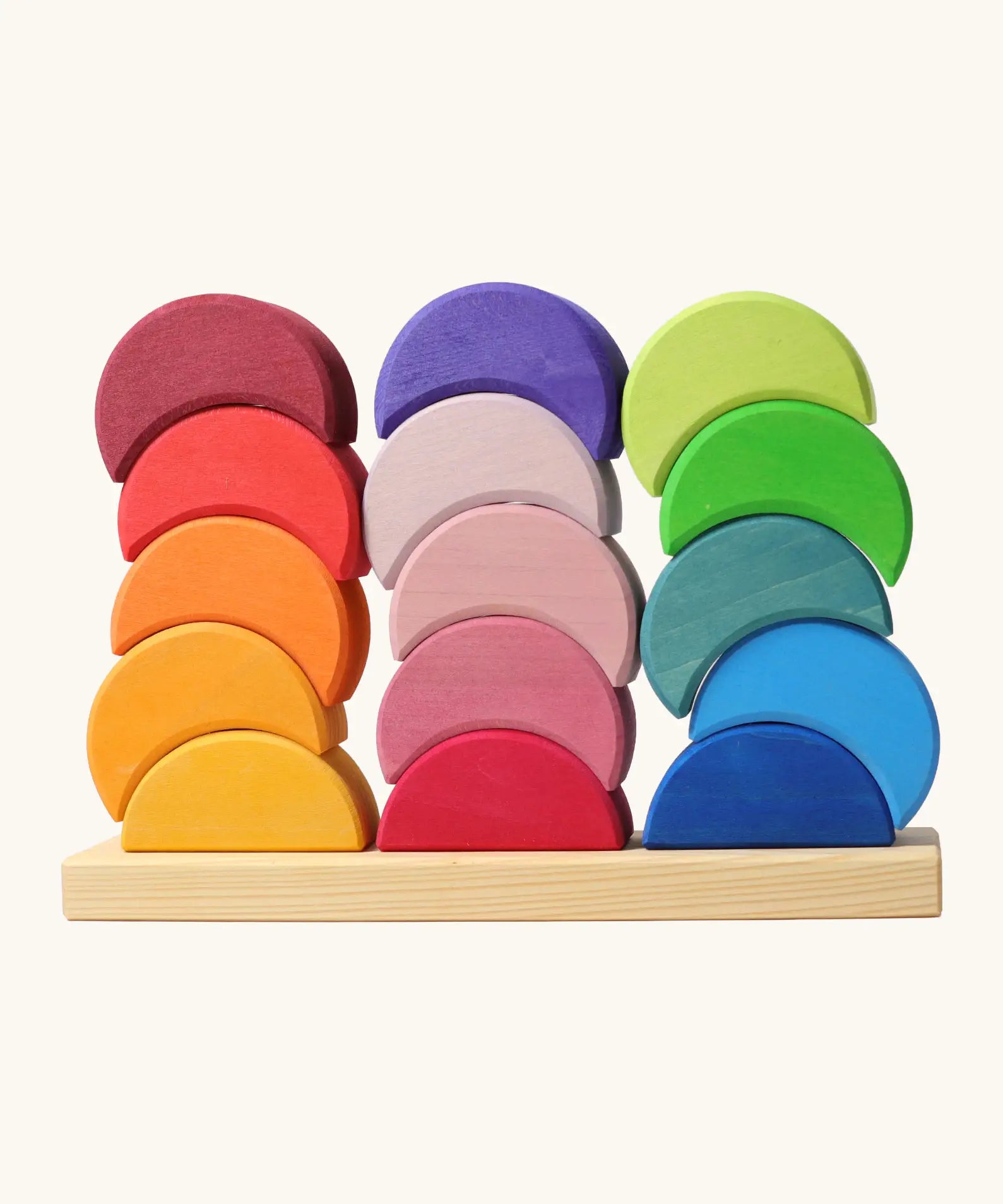 Back of Grimms stacking moon shape houses standing on the tray