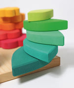 Grimms handcrafted wooden tower showing a close up of the grain detail on the leaf shaped pieces