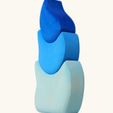Back of the Grimm's blue tower drops wooden stacking toy.