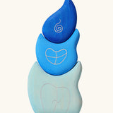 Grimm's blue tower drops wooden stacking toy. Three piece wooden block puzzle.