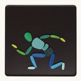 A person crouched made from the Grimm's bright wooden two bodies magnetic pieces displayed in a tin 