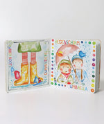An open Grimms weather book showing watercolour style illustrations 