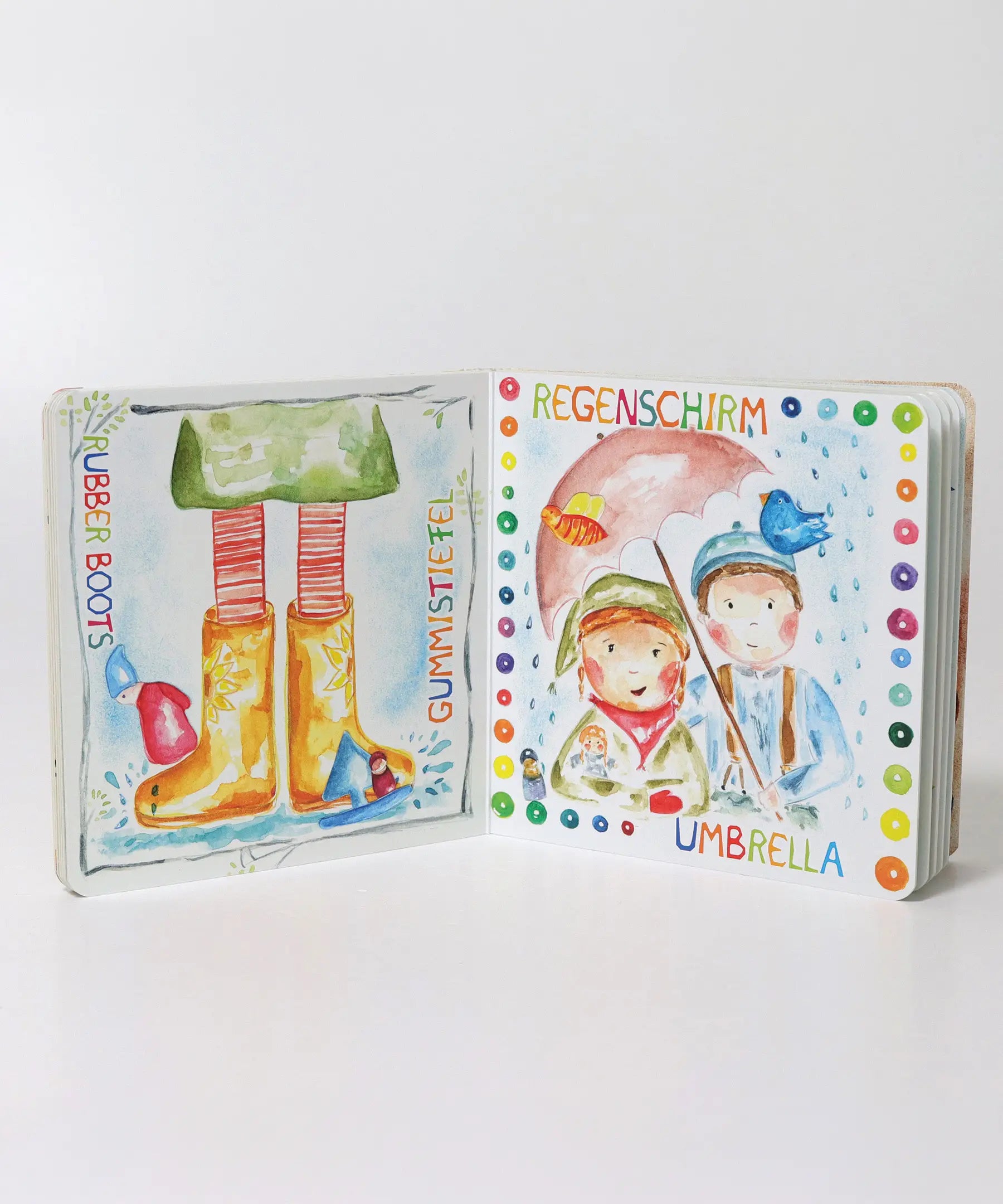 An open Grimms weather book showing watercolour style illustrations 