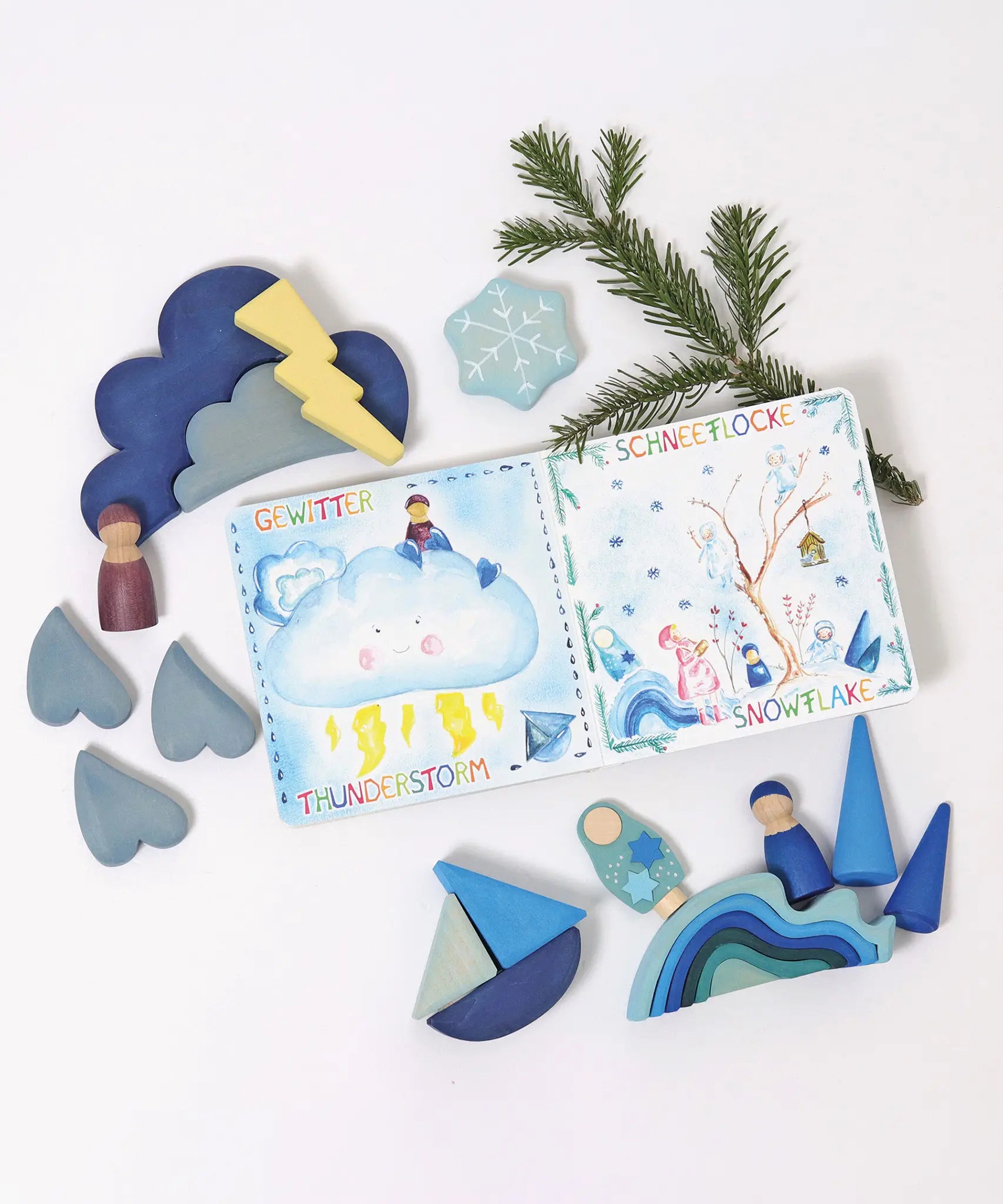 A winter display showing a Grimms weather book, wooden weather blocks and other blue coloured blocks
