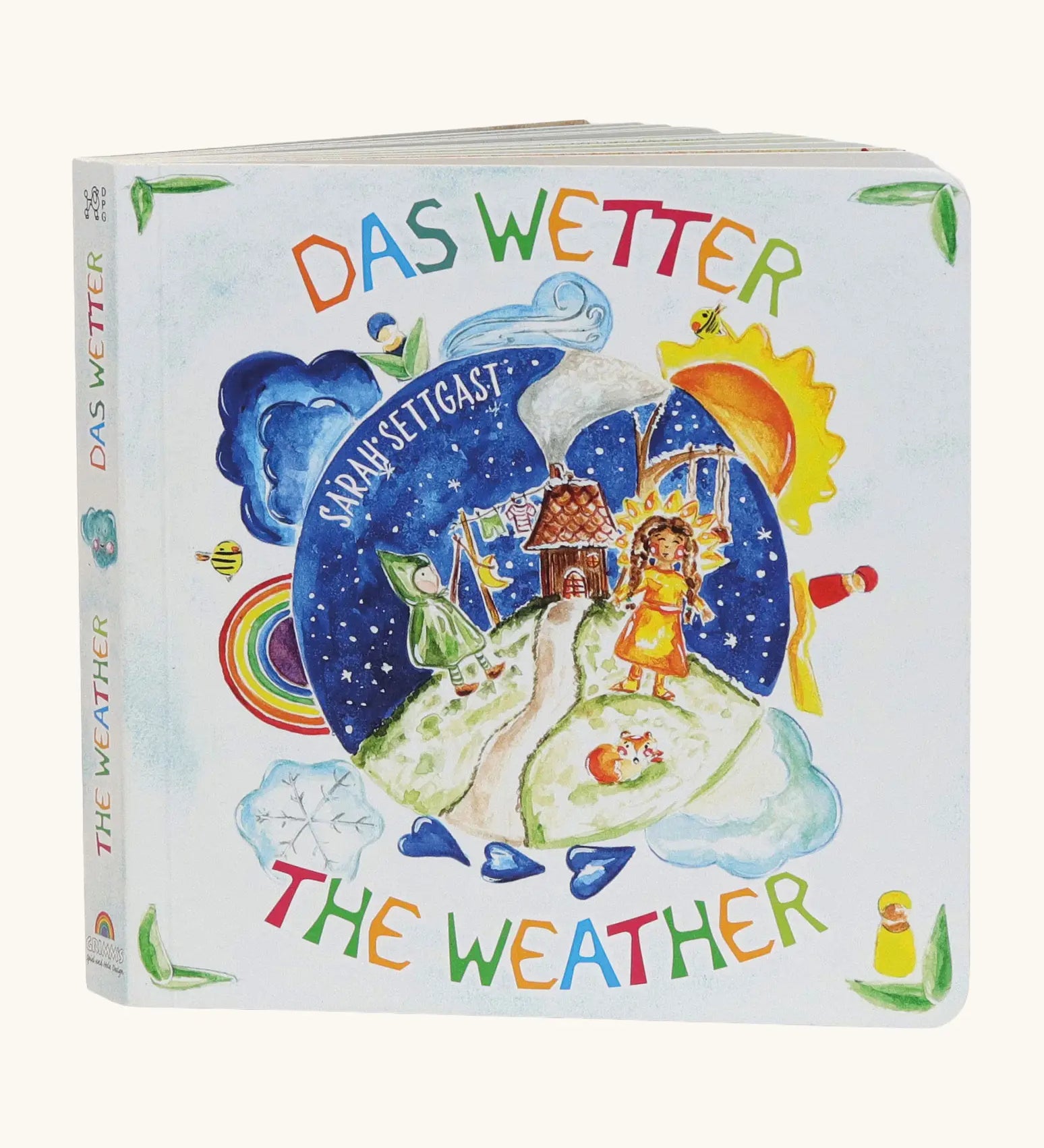 Grimm's the weather bilingual book in English and German with 24 weather themes in watercolour style illustrations