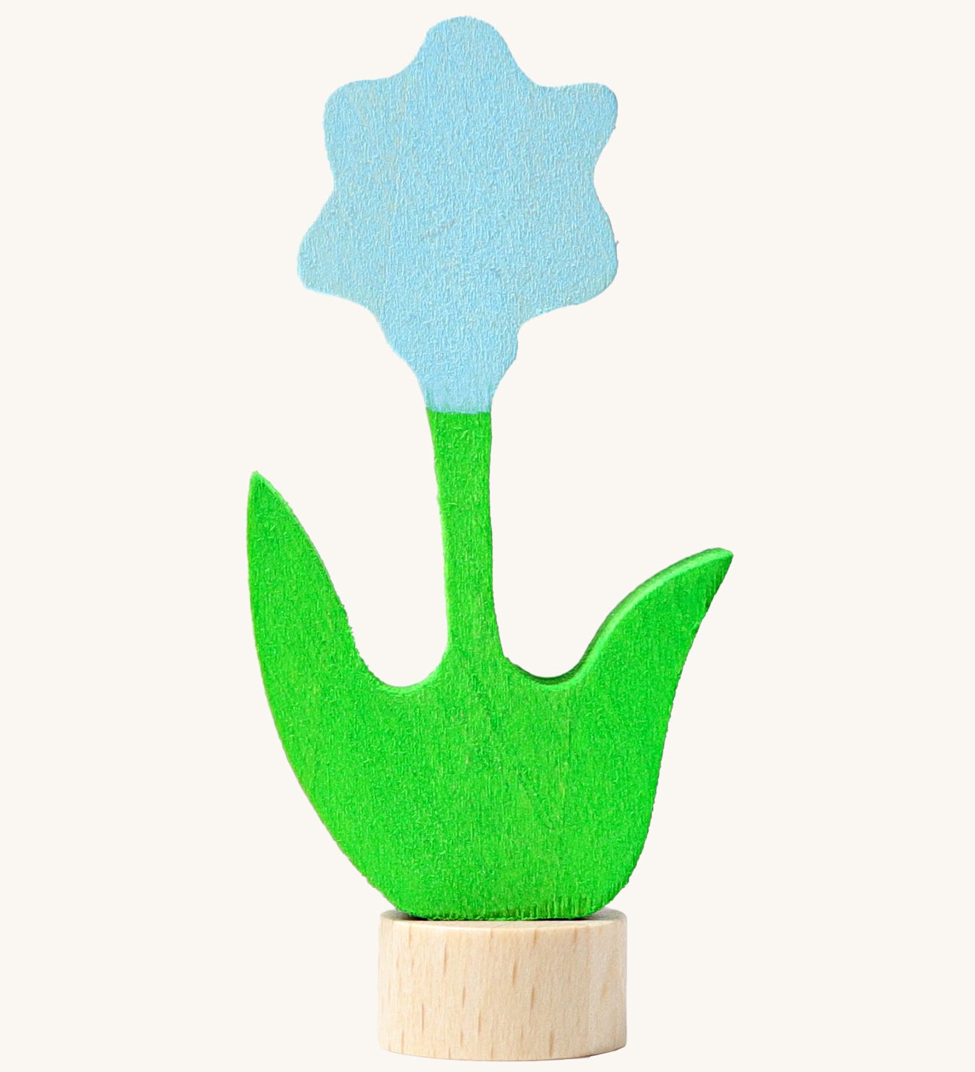 Grimms wooden blue flower decorative figure with green stem and leaves. Features a small base stand on the bottom to slot in the celebration ring