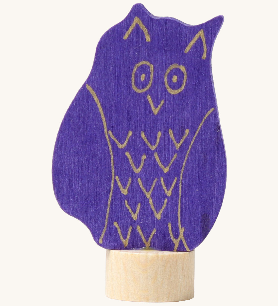 Grimms wooden blue owl figure with a hand painted finish with gold features standing on a small base stand to slot in a celebration ring