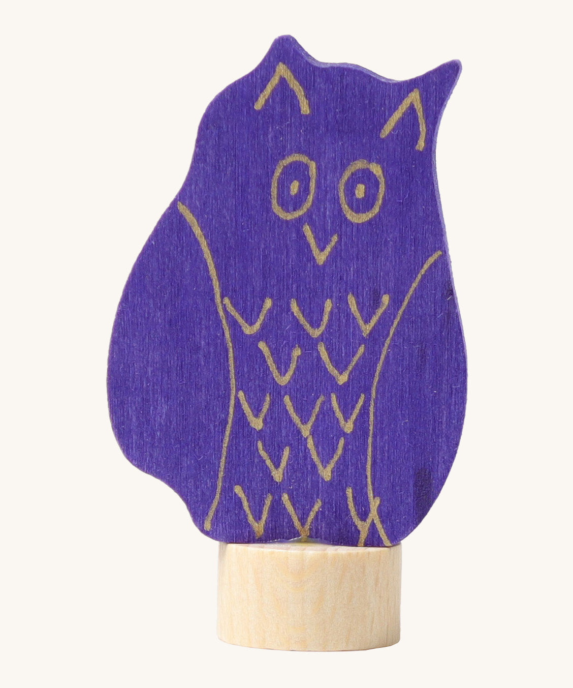 Grimms wooden blue owl figure with a hand painted finish with gold features standing on a small base stand to slot in a celebration ring