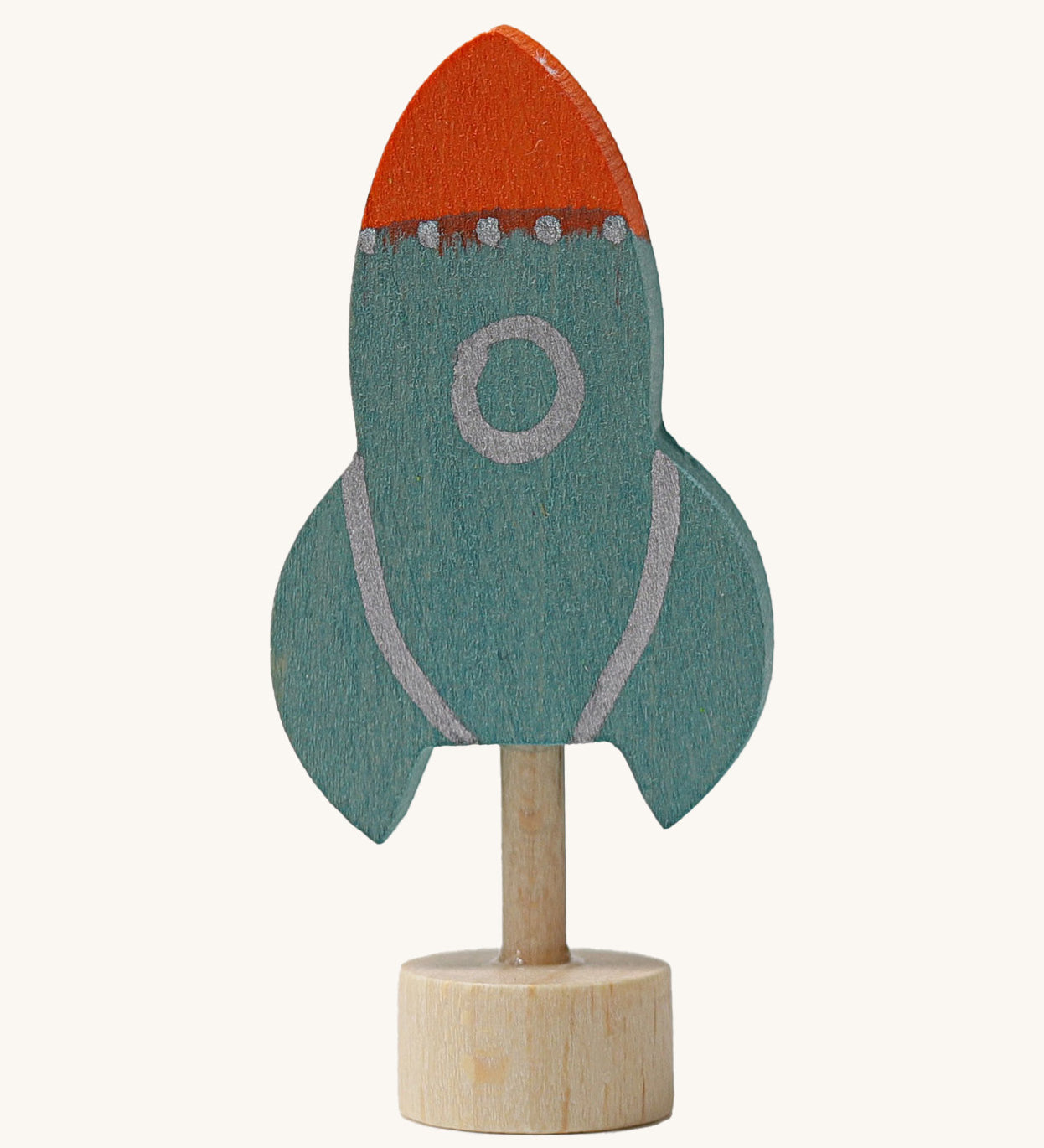 A Grimms blue wooden decorative figure with a red nose. Features a little base stand to slot into a decorative ring