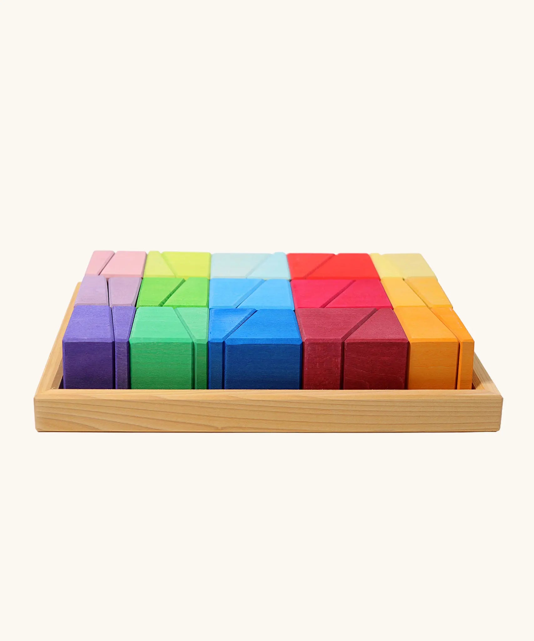 Grimm's sloping blocks building set in a wooden storage display tray.