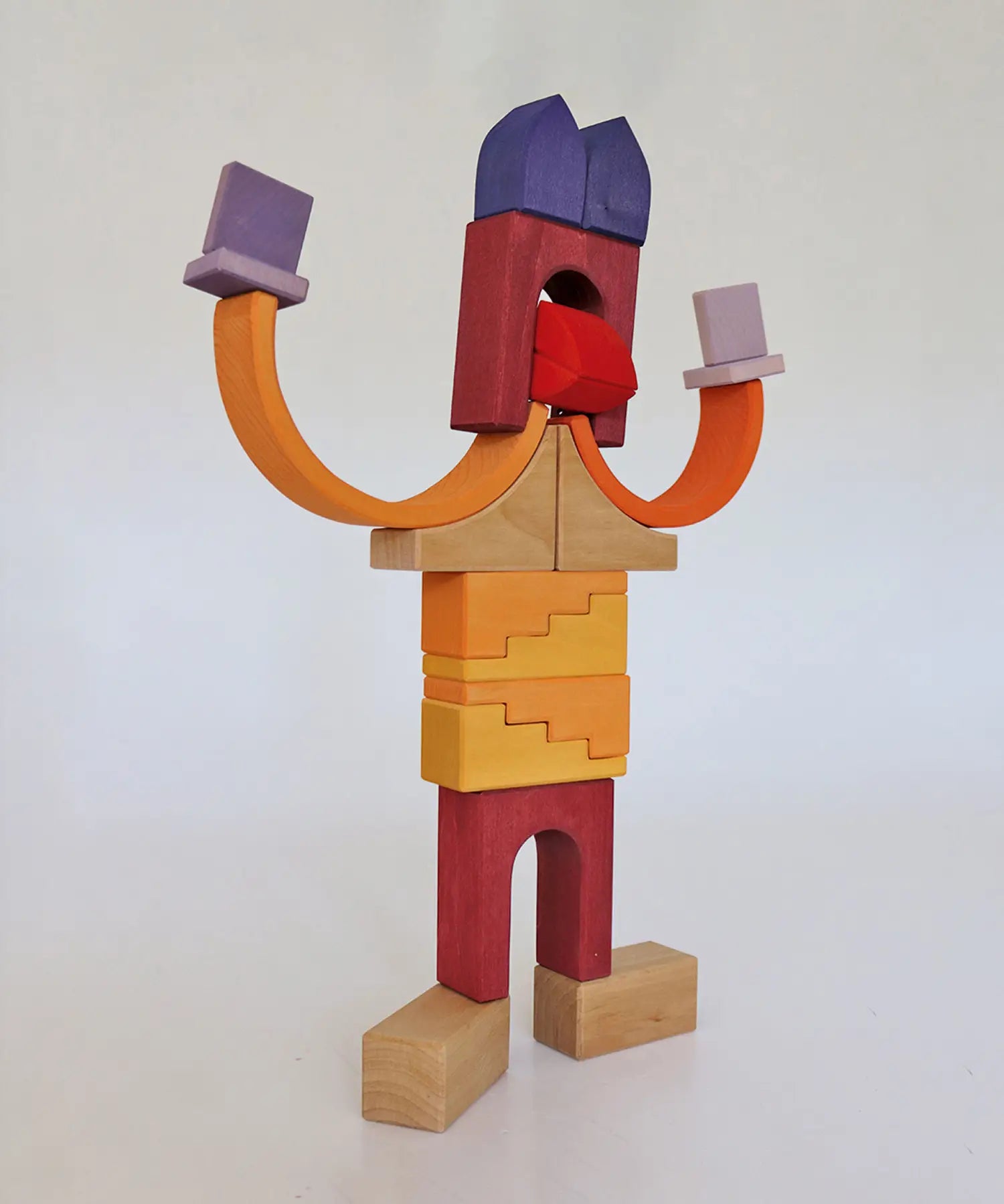 A abstract robot structure made from wooden blocks from the the Grimms desert sand set