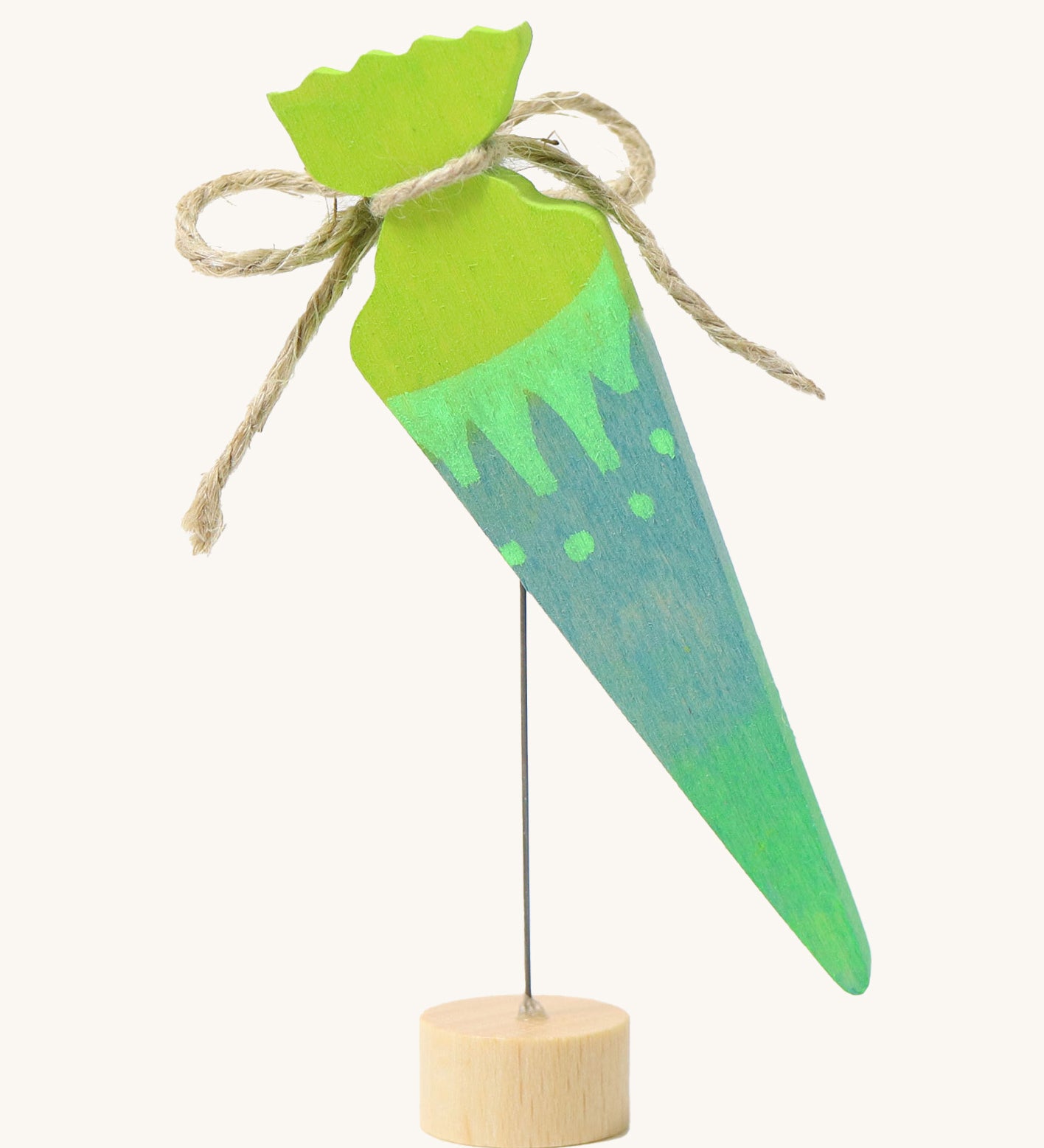Grimms wooden neon green sweet cone decorative figure. Features a twine ribbon and standing on a metal wire and small base stand to slot in a celebration ring