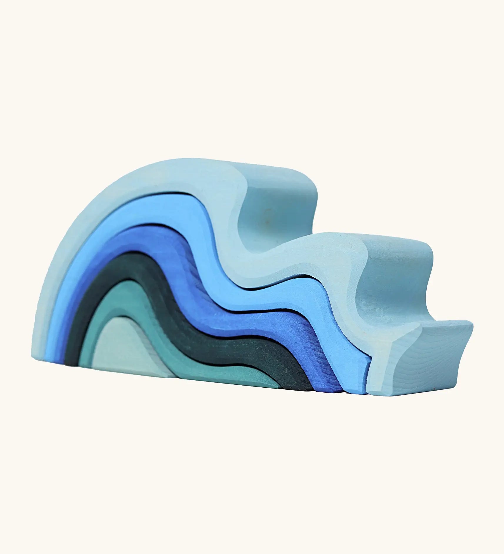 Grimms handcrafted wooden large water wave set in shades of blue. Perfect for stacking and open ended play