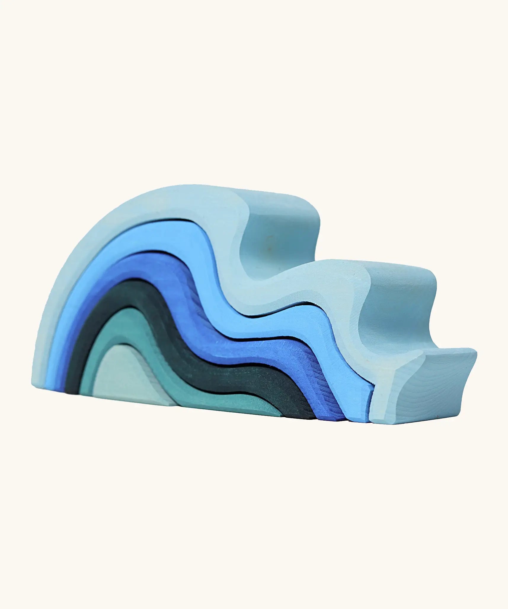 Grimms handcrafted wooden large water wave set in shades of blue. Perfect for stacking and open ended play
