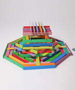 A structure made from the Grimm's wooden Leonardo sticks stacked on top of eachother