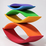 A stack using Grimm's handcrafted wooden rainbow bridges 