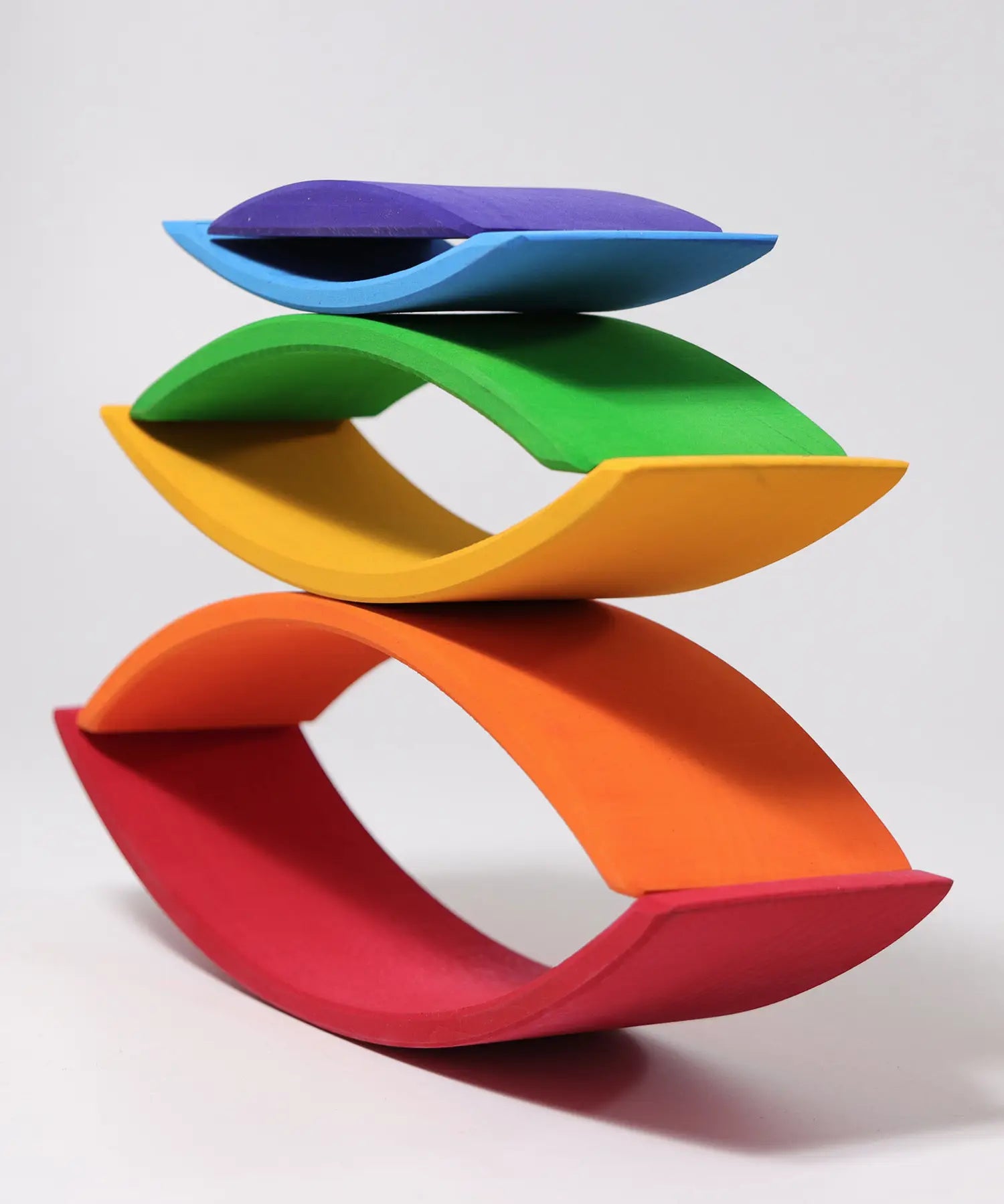 A stack using Grimm's handcrafted wooden rainbow bridges 