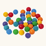 Set of 35 Grimms handcrafted wooden 2cm marbles in a rainbow palette. 