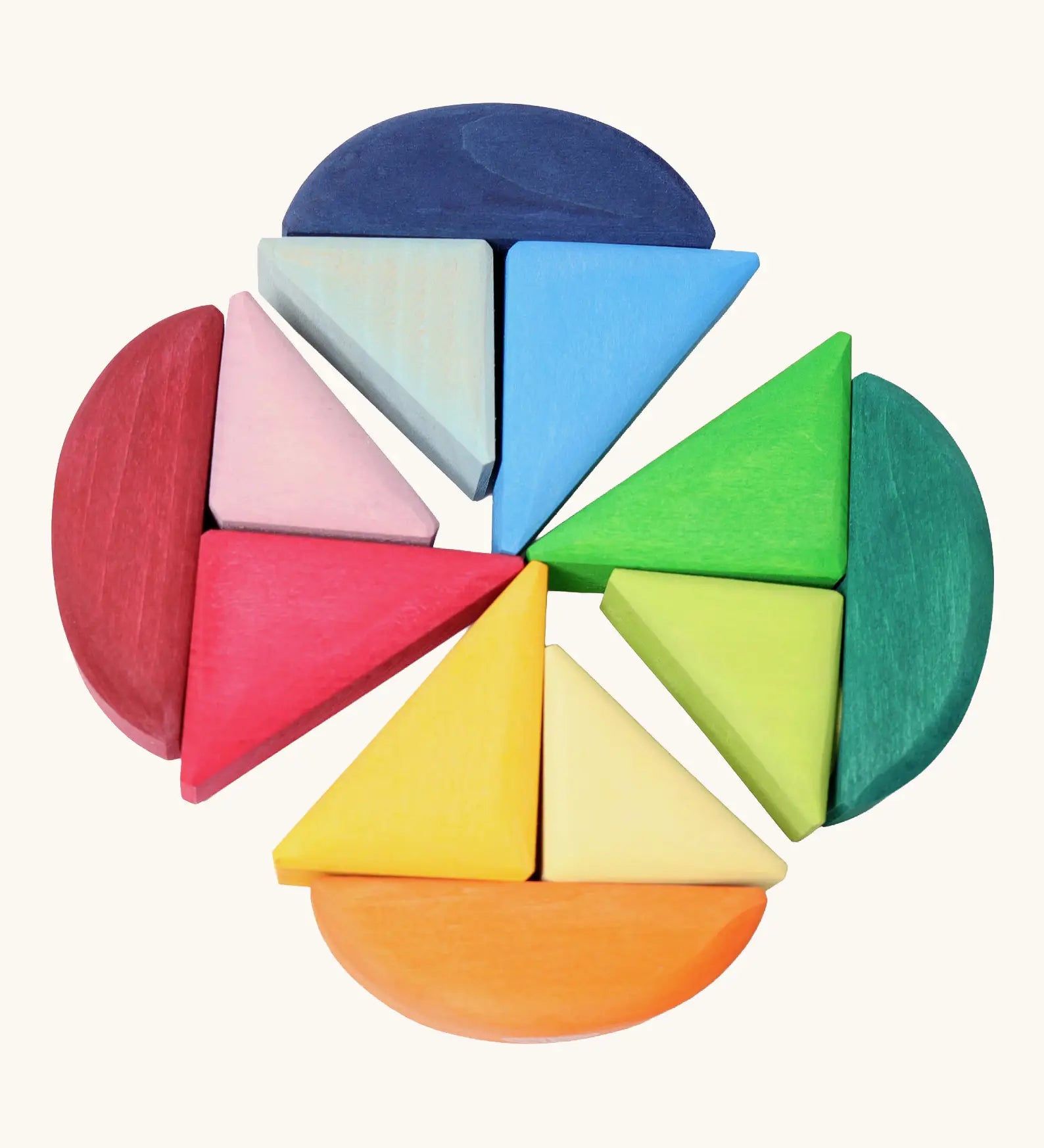 Grimms handcrafted wooden rolling boats. Includes 12 colourful pieces, perfect for making sail boats and other builds