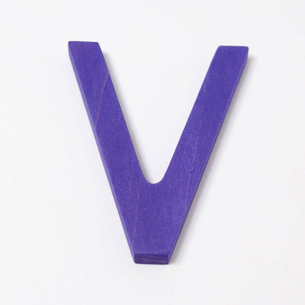 Grimm's wooden school Letter V in a shade of PURPLE. These Grimm's letters are part of a wide range of wooden toys available here at Babipur. 