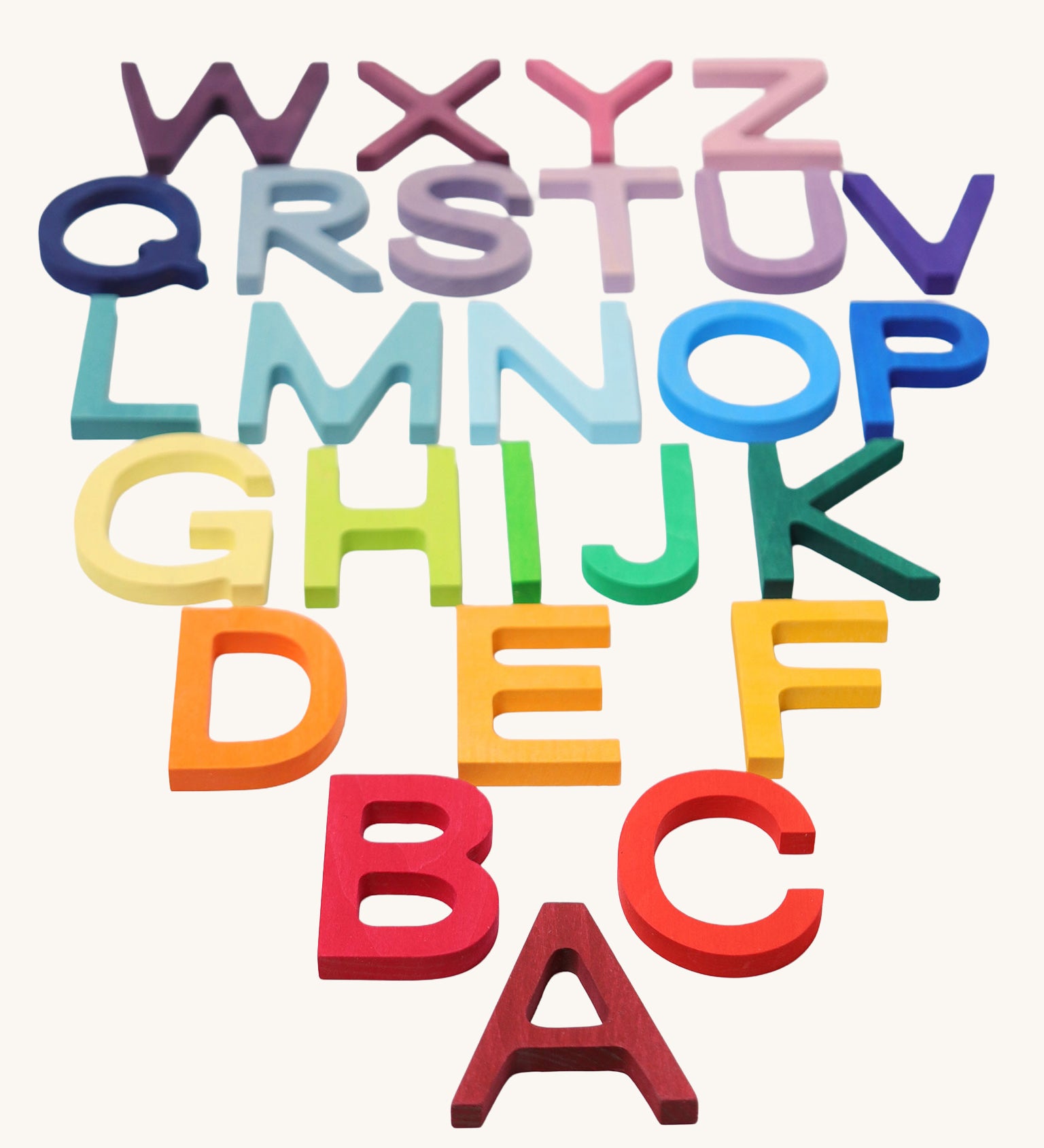 Grimm's wooden school Letters in rainbow colours. Perfect for use as an educational tool and for adding to seasonal displays.  