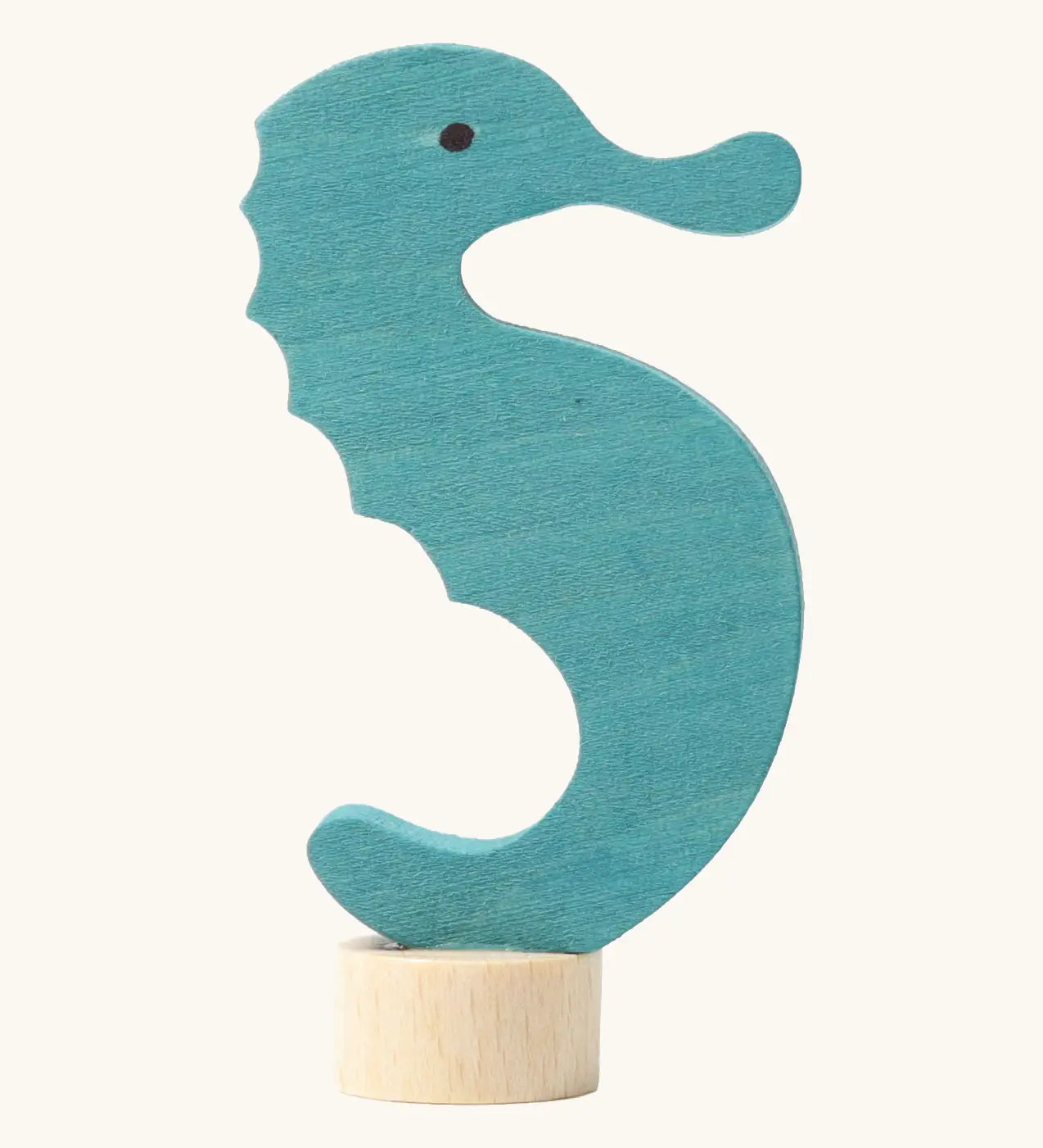 Side of Grimm's handcrafted wooden blue seahorse decorative figure with a unpainted stand