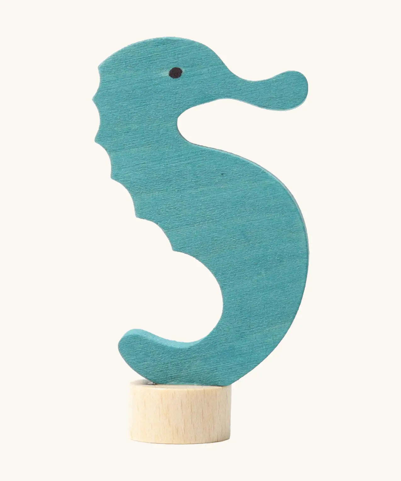 Side of Grimm's handcrafted wooden blue seahorse decorative figure with a unpainted stand