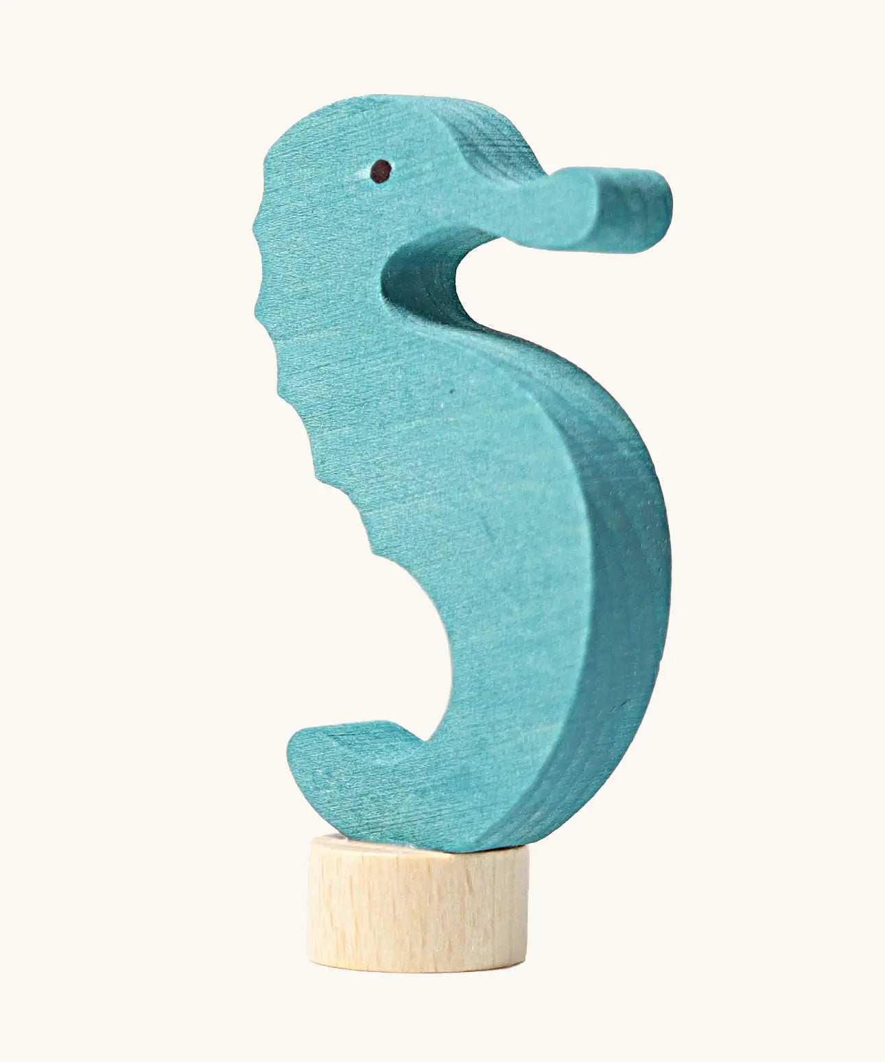 Grimm's handcrafted wooden blue seahorse decorative figure with a unpainted stand