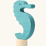 Grimm's handcrafted wooden blue seahorse decorative figure with a unpainted stand