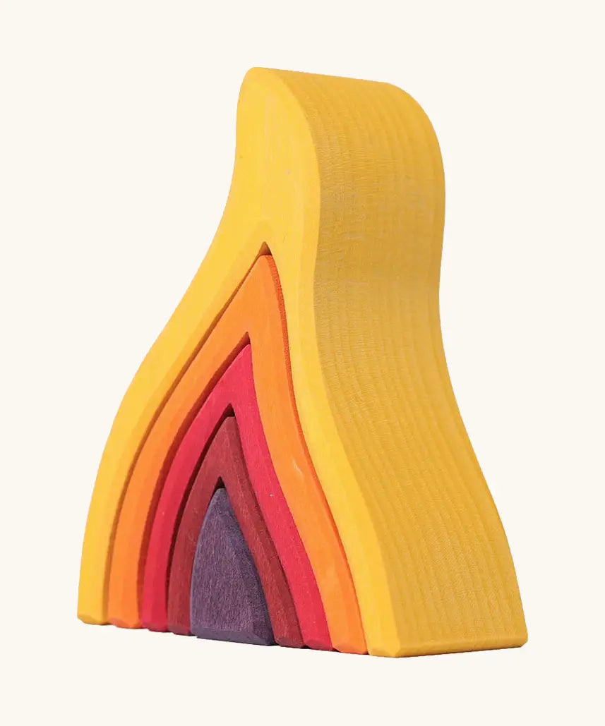 Grimms handcrafted wooden small fire. A set of 5 flame pieces in warm shades perfect for stacking and open ended play