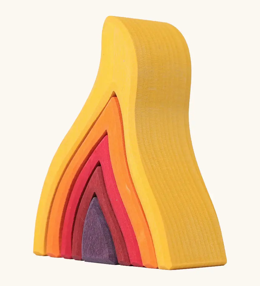Grimms handcrafted wooden small fire. A set of 5 flame pieces in warm shades perfect for stacking and open ended play