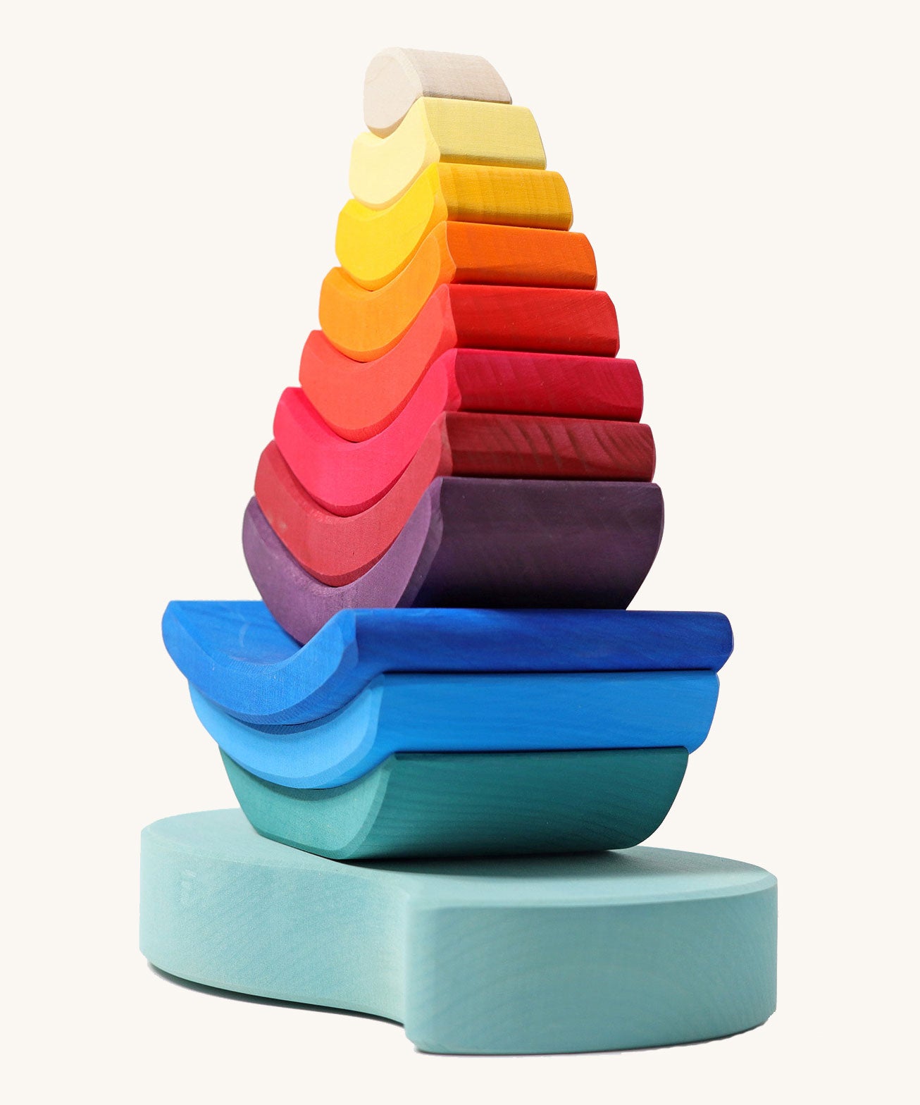 Grimm's Stacking Tower Boat toy shown at an angle.