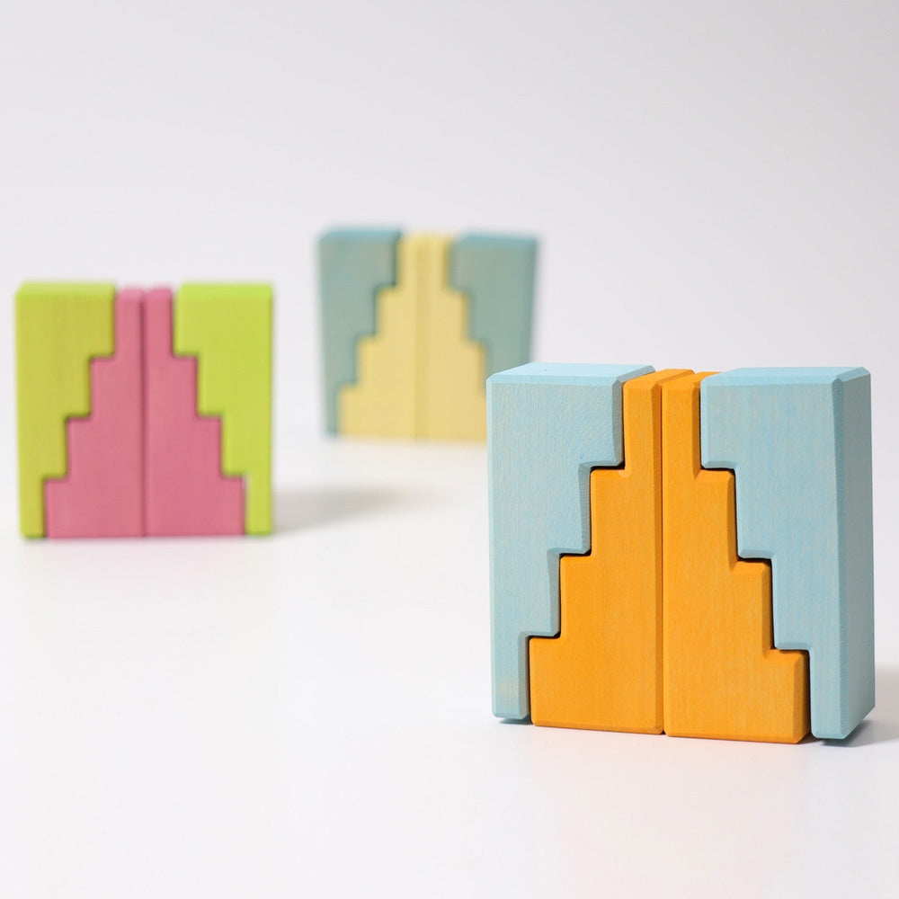 Grimm's pastel stepped roofs wooden building blocks.