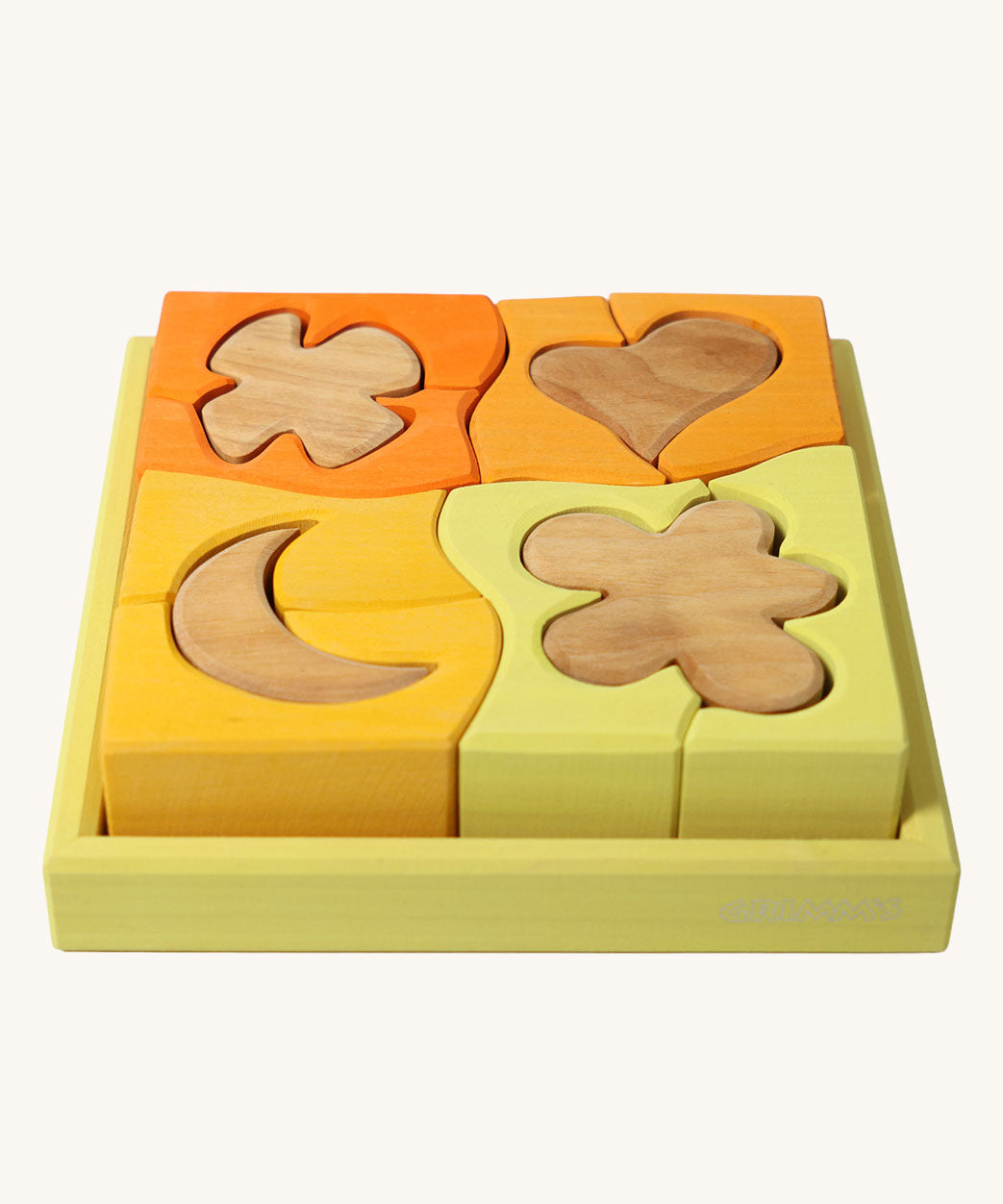 Grimm's Building Set in Yellow. Wooden blocks in variopus shades of yellow and natural wood in a yellow coloured wooden storage tray. These Grimm's toys are part of a wide range of wooden toys available here at Babipur. 