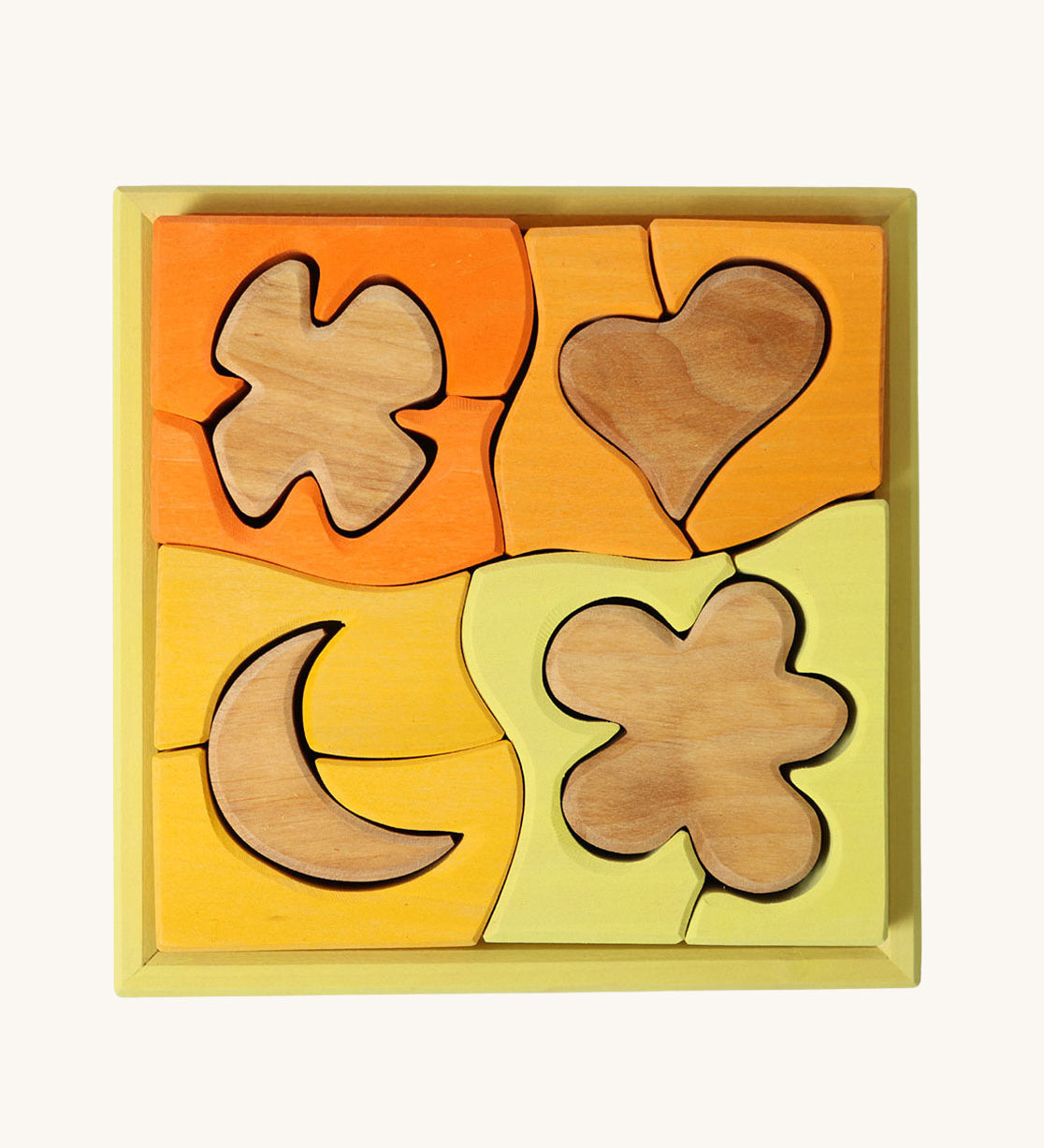 Grimm's Building Set in Yellow. Wooden blocks in various shades of yellow and natural wood in a yellow coloured wooden storage tray. These Grimm's toys are part of a wide range of wooden toys available here at Babipur. 
