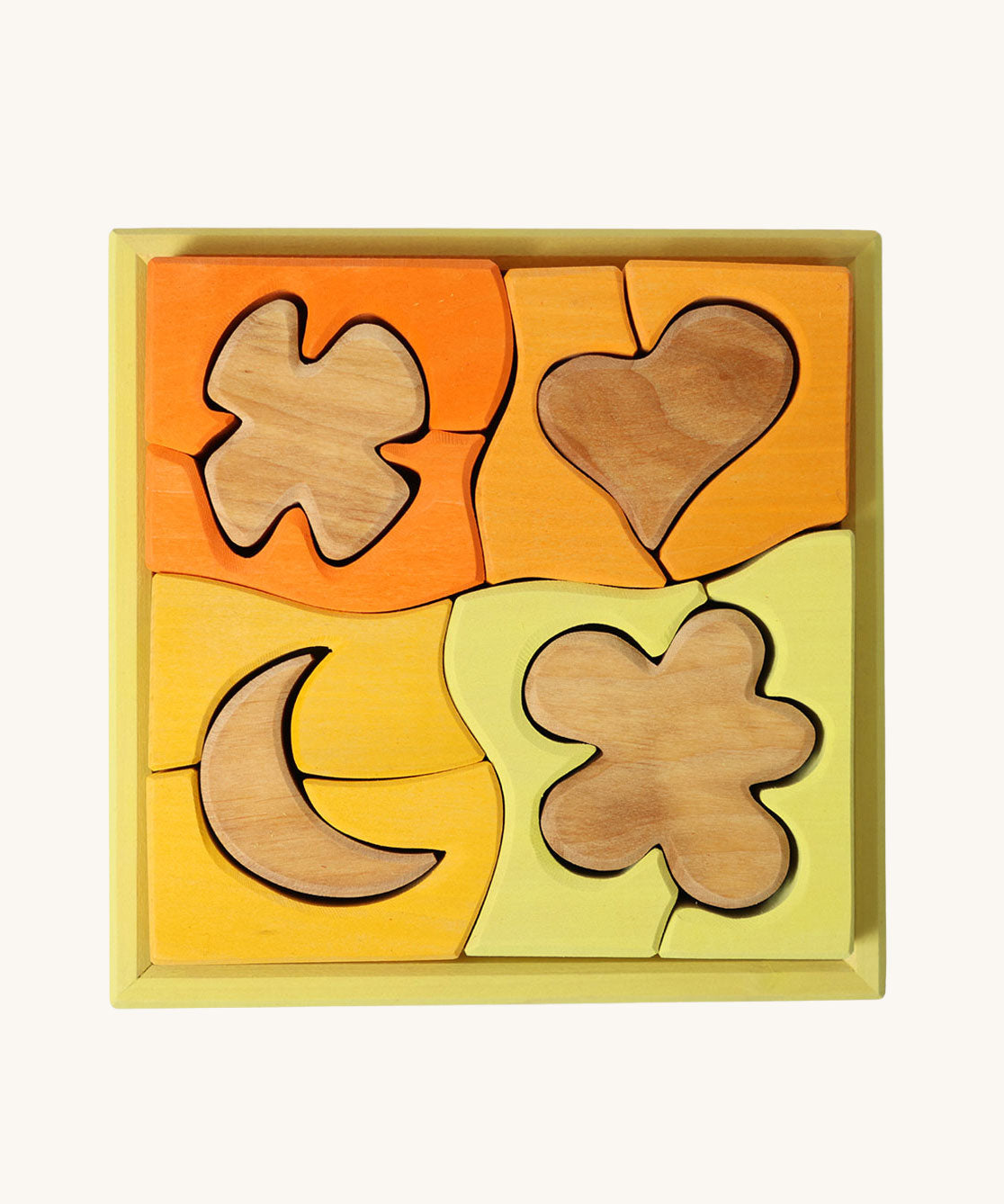 Grimm's Building Set in Yellow. Wooden blocks in various shades of yellow and natural wood in a yellow coloured wooden storage tray. These Grimm's toys are part of a wide range of wooden toys available here at Babipur. 