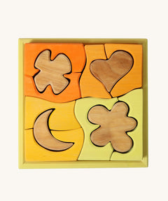 Grimm's Building Set in Yellow. Wooden blocks in various shades of yellow and natural wood in a yellow coloured wooden storage tray. These Grimm's toys are part of a wide range of wooden toys available here at Babipur. 