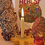 Grimm's Yellow Lifelight Star with a lit candle set up in a little seasonal display featuring a small apple and pine cones. 