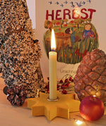 Grimm's Yellow Lifelight Star with a lit candle set up in a little seasonal display featuring a small apple and pine cones. 