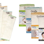 Packs of Grovia baby nappy cloths laid out on a white background