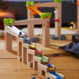 A closer view of the HABA Wooden Melodious Marble Run showing the blocks