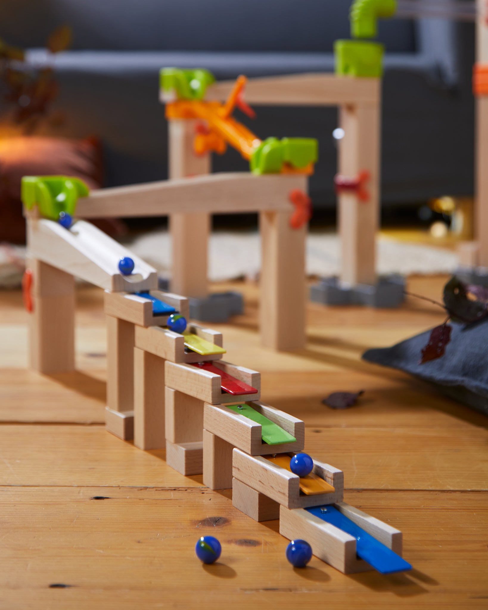 A closer view of the HABA Wooden Melodious Marble Run showing the blocks