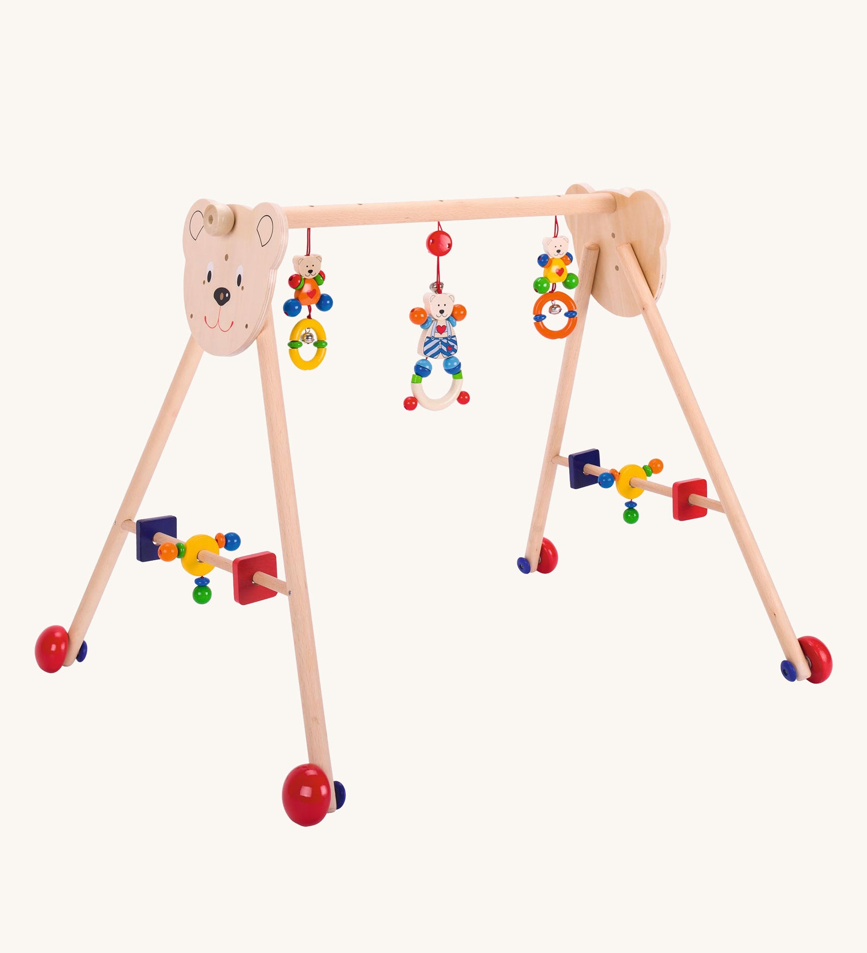 Heimess wooden Baby Gym and Walker toy featuring a Heart Bear design. A baby gym and walker in one.