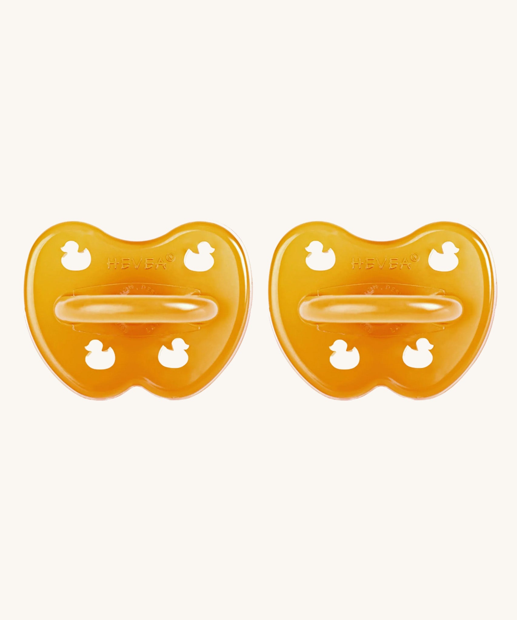 A two-pack of Hevea symmetrical teat baby pacifiers, made from 100% natural rubber and plastic-free. Both in natural orange