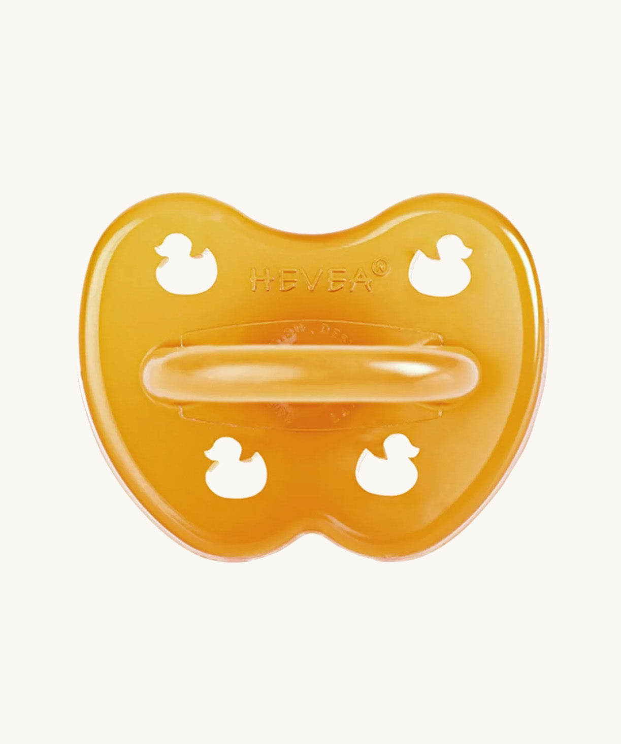 The Hevea natural rubber pacifier dummy with a symmetrical nipple shape, in a natural orange colour