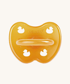 The Hevea natural rubber pacifier dummy with a symmetrical nipple shape, in a natural orange colour