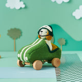 Olli Ella Holdie Dog-go Racer Boy in a green felt racing car with wooden wheels and white stripes