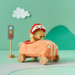 Olli Ella Olli Ella Holdie Dog-go Racer Girl in a pink felt racing car with wooden wheels and white stripes