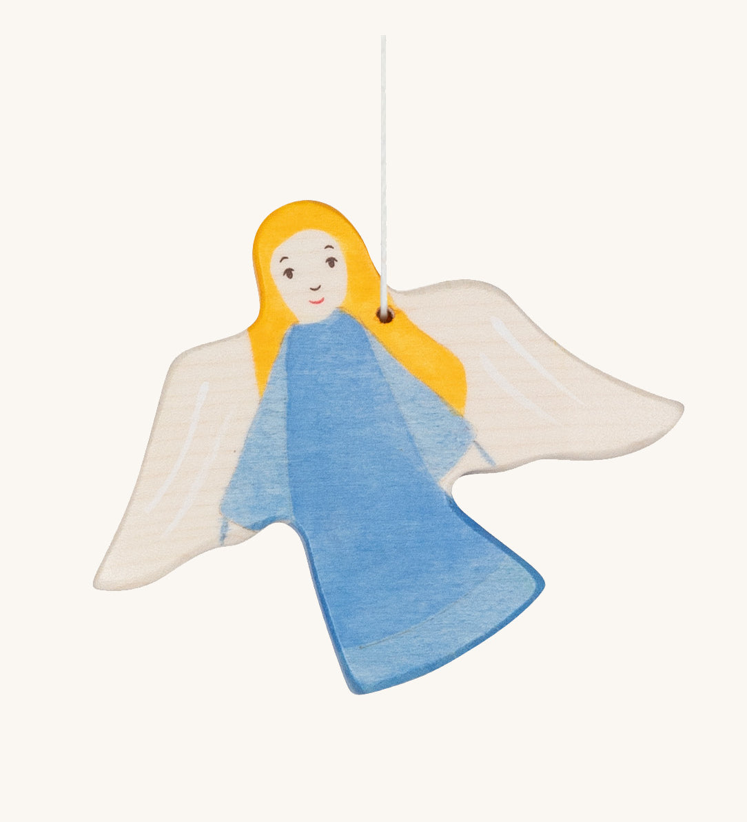 The Holztiger hand made wooden guardian angel hanging Christmas decoration, in a hand-painted blue gown.