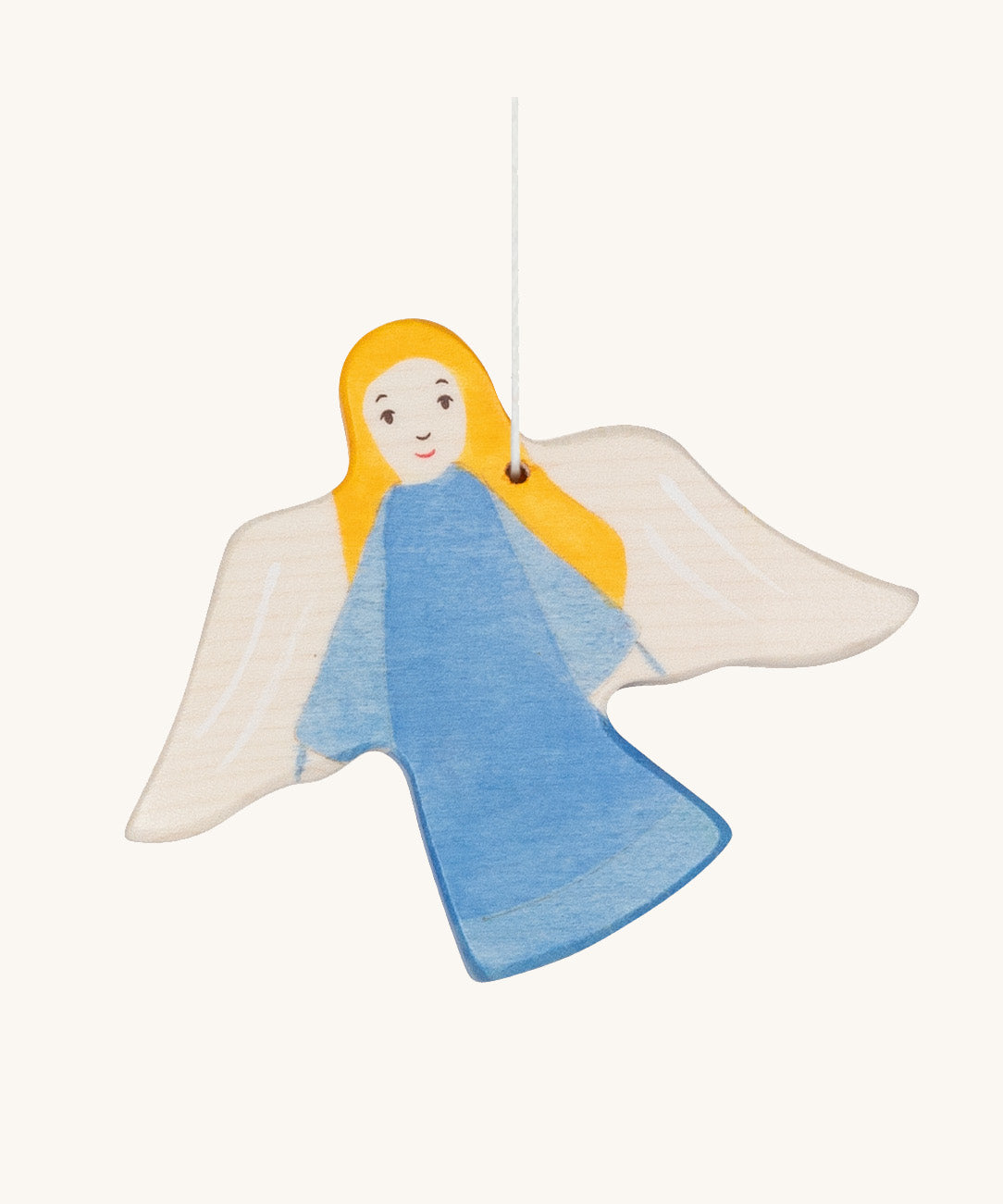 The Holztiger hand made wooden guardian angel hanging Christmas decoration, in a hand-painted blue gown.